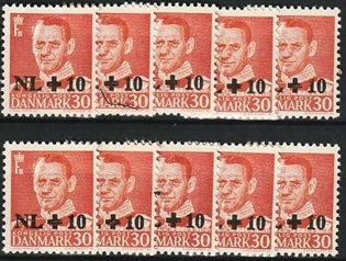 FRIMÆRKER DANMARK | 1953 - AFA 344 - Hollandshjælpen - NL +10/30 øre rød x 10 stk. - Postfrisk